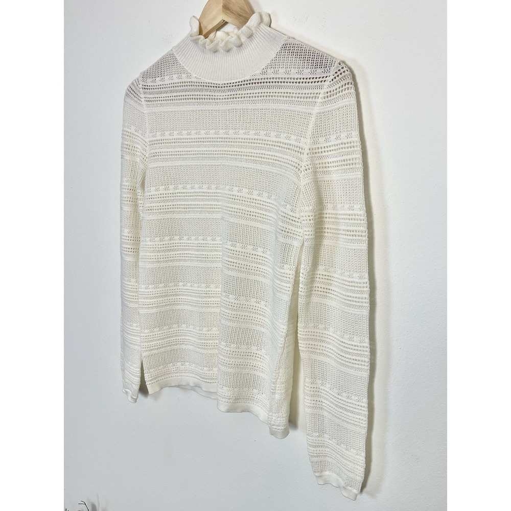 SEZANE Ecru Pointelle Openwork Ruffle Neck Merino Wool Cotton Sweater M - Picture 3 of 11